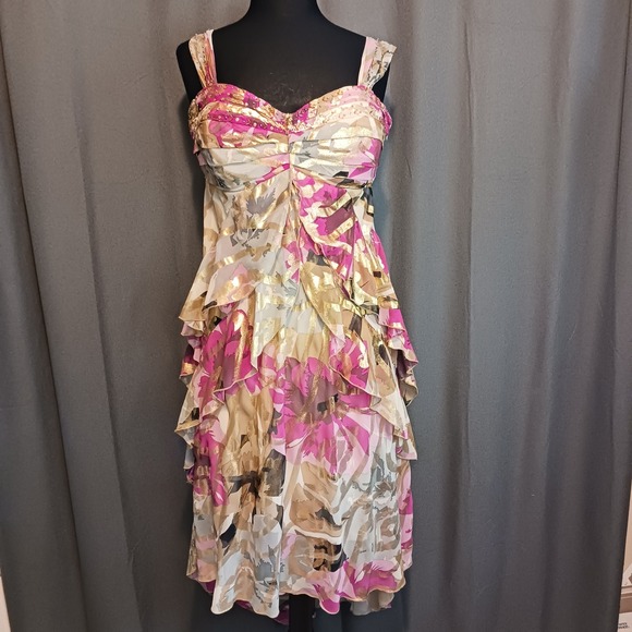 Signature by Robbie Bee Dresses & Skirts - Signature by Robbie Bee Boho Pink Gold Metallic Floral Tiered Ruffle Dress 14
